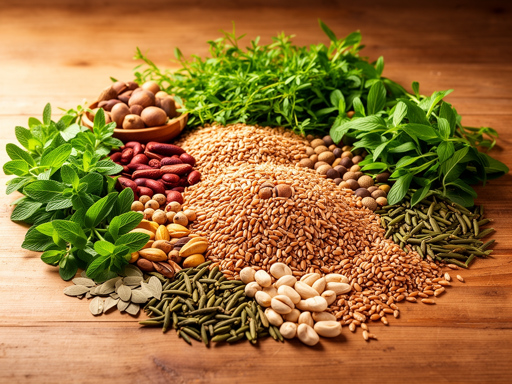 Zátiší s různorodými přírodními potravinami, celozrnnými produkty a čerstvými bylinkami na dřevěném stole v teplém přirozeném světle, znázorňující výživovou rozmanitost