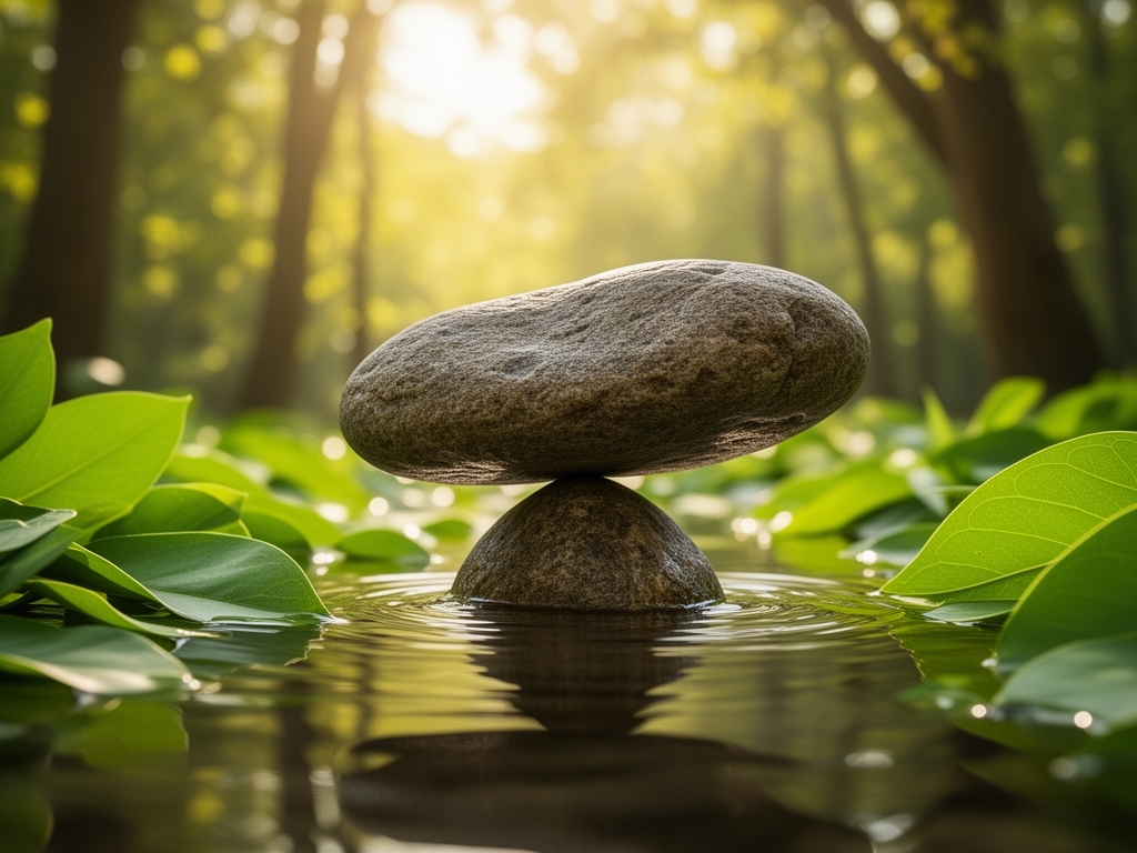 Přirozená zátiší s kamenem v rovnováze na hladině vody, obklopeným zelenými listy a slunečním světlem filtrovaným skrz stromy