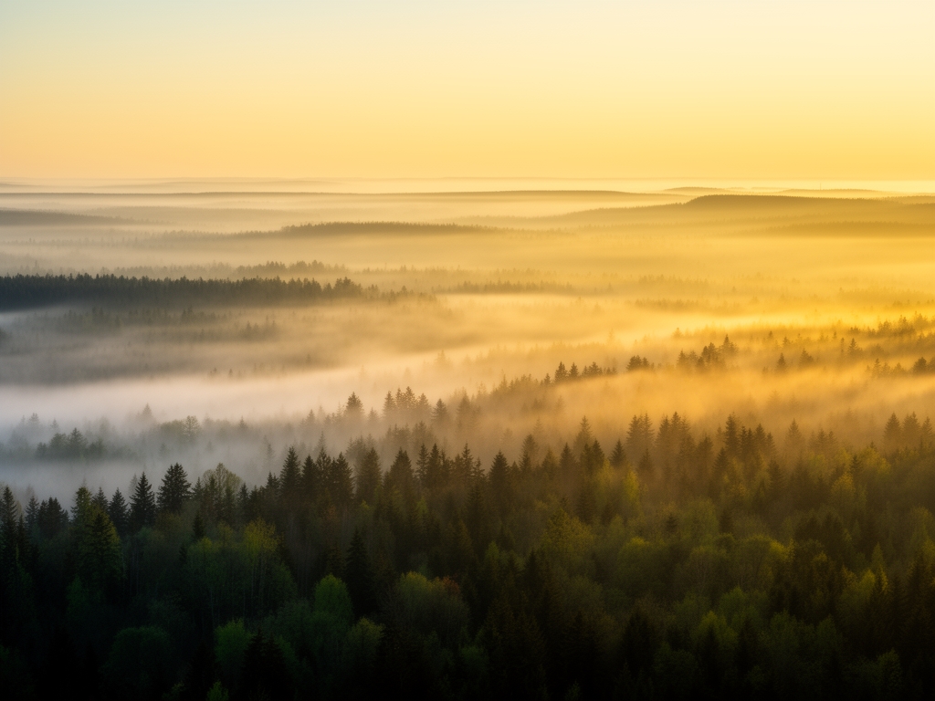 Klidná ranní krajina s mlhou nad lesem a jemným zlatým světlem vycházejícího slunce, symbolizující přirozený rytmus a rovnováhu