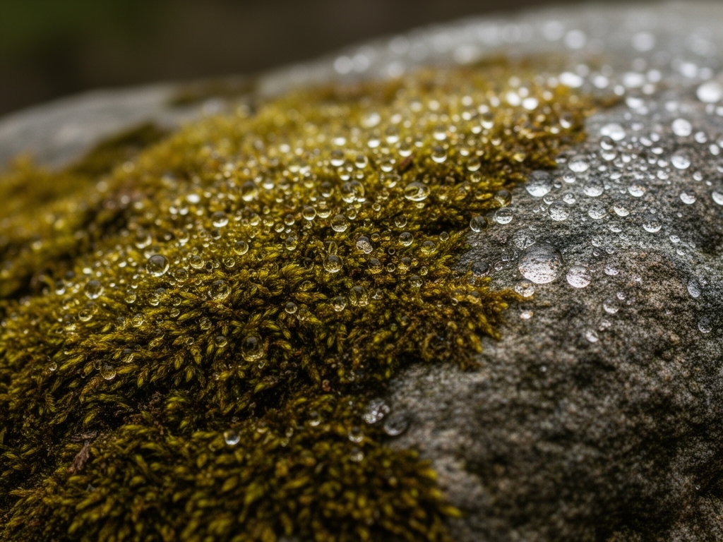 Detailní záběr na zelenohnědé mechové textury s kapkami rosy na přírodním kameni, abstraktní vědecko-přírodní pohled na přirozené procesy organismu