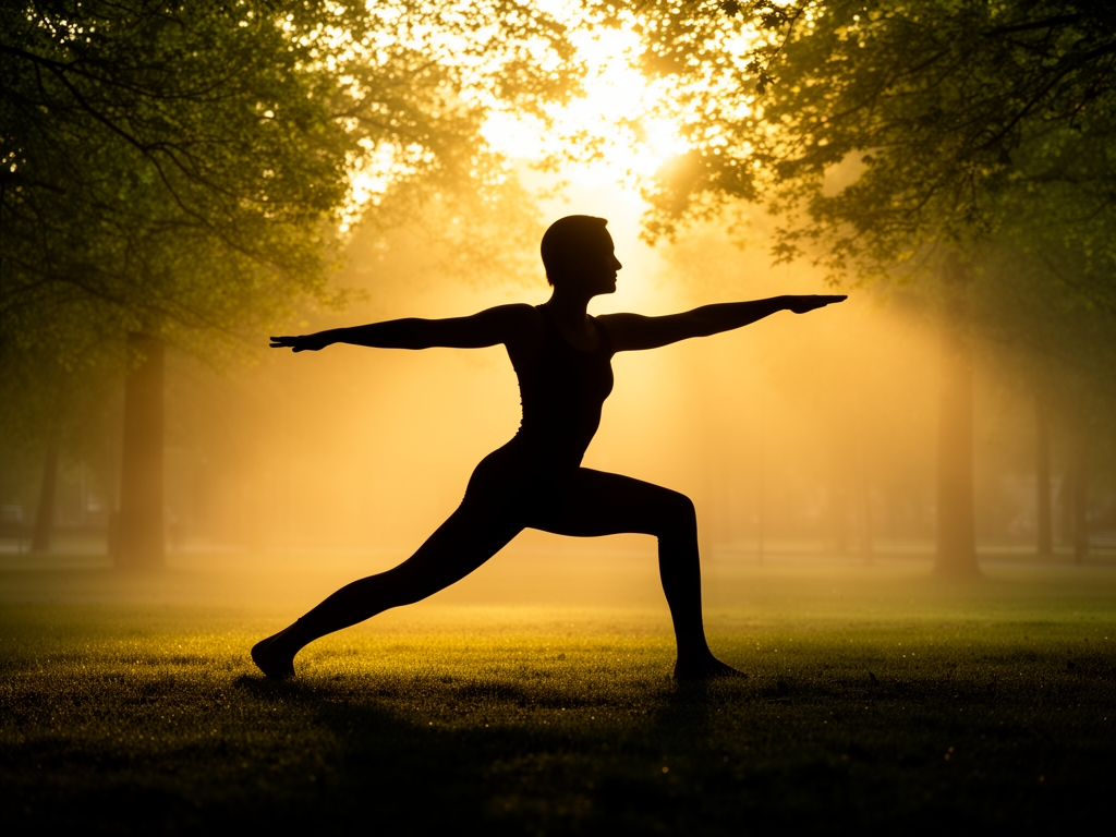 Silueta člověka protahujícího se při východu slunce v parku, dynamická pozice na pozadí zlaté mlhy a zelených stromů, poetický pohled na pohyb a vitalitu