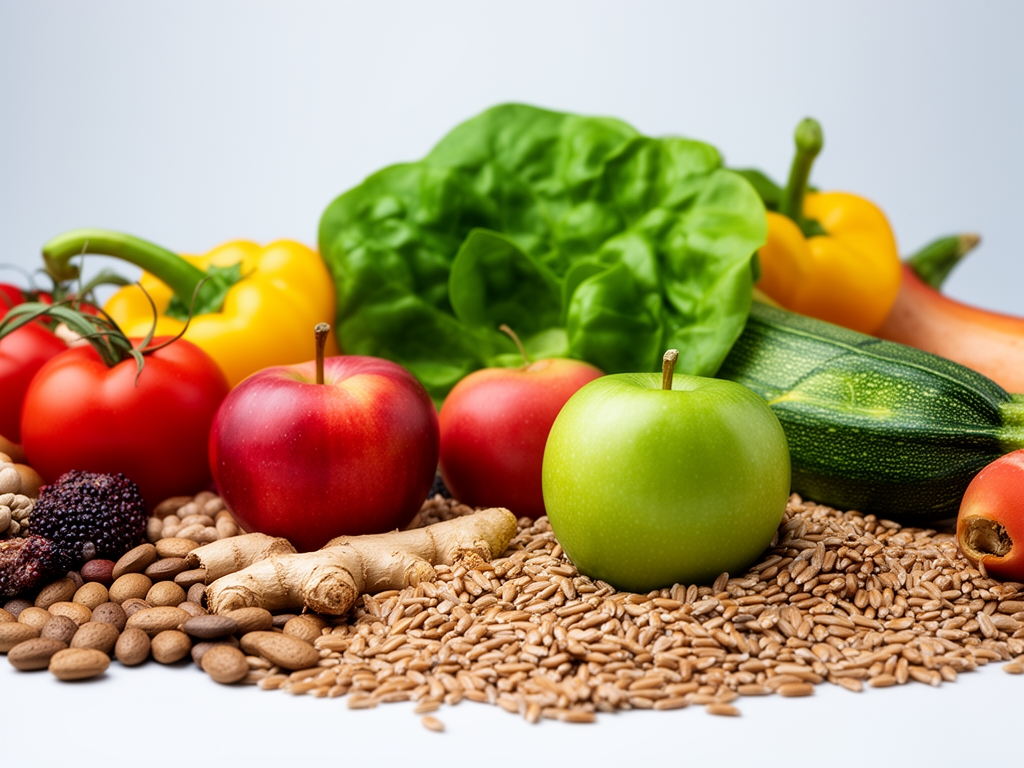 Vědecké zátiší s různobarevnou zeleninou, ovocem a celozrnnými potravinami na světlém pozadí, makro záběr zdůrazňující textury a barvy přirozených potravin