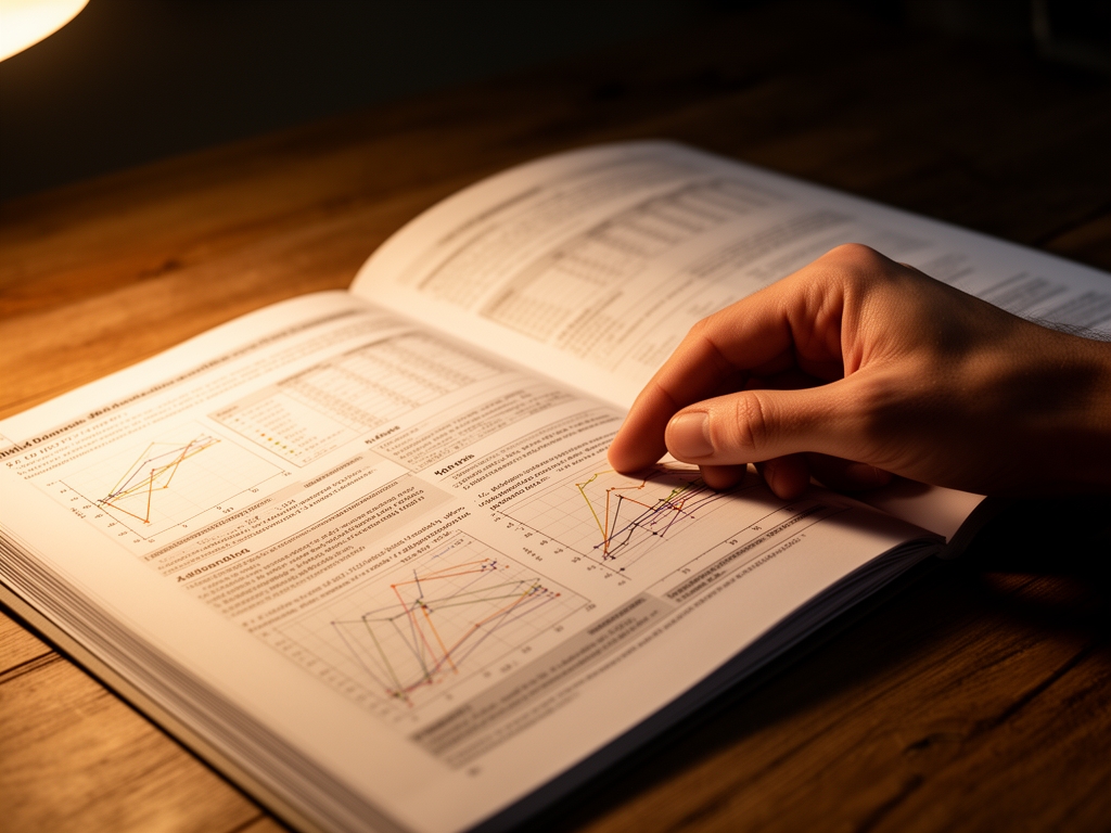 Detailní záběr ruky listující vědeckou publikací s grafy a tabulkami na dřevěném stole, teplé světlo lampy vytváří soustředěnou atmosféru výzkumné práce